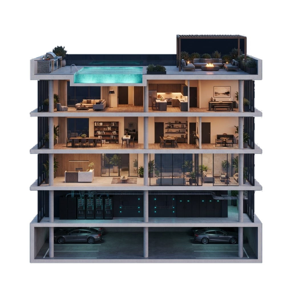 Coupe transversale en 3D d’un immeuble de six niveaux, du stationnement souterrain à la terrasse commune sur le toit avec piscine, BBQ et salon extérieur