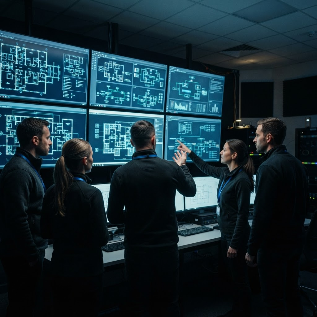 Techniciens Tekline analysant des plans de réseau dans une salle de contrôle